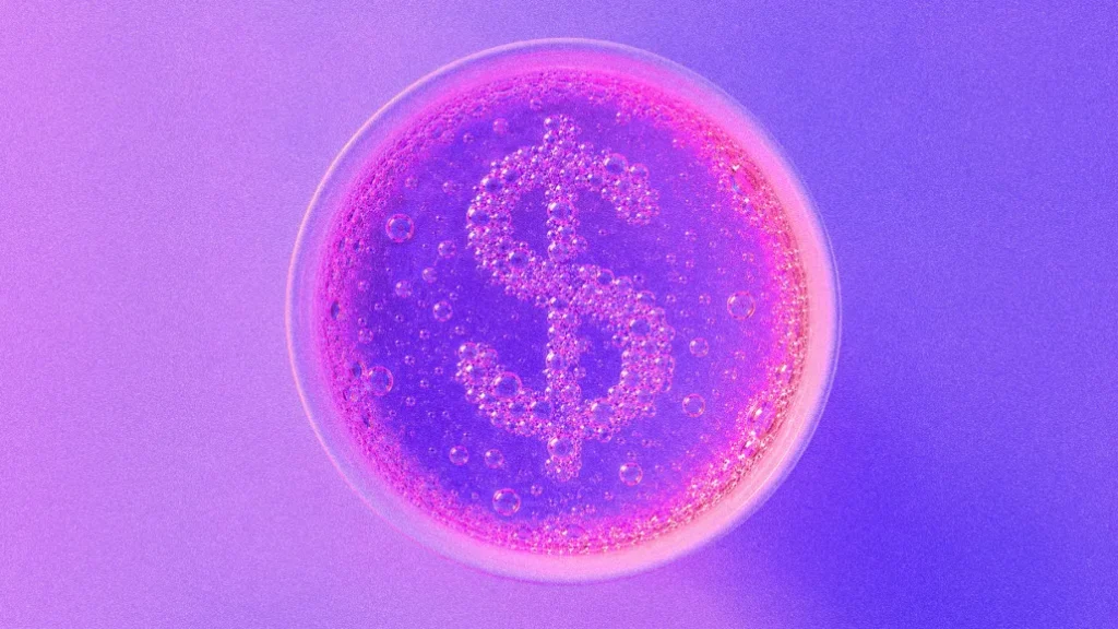 Petri dish with purple liquid and bubbles forming a dollar sign.